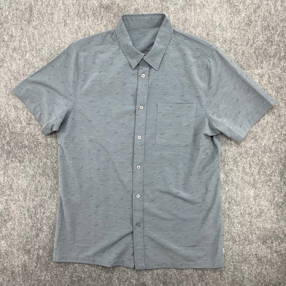 Vuori Bridge Shirt Mens Medium Short Sleeve Button Down Shirt Grey Print Pocket